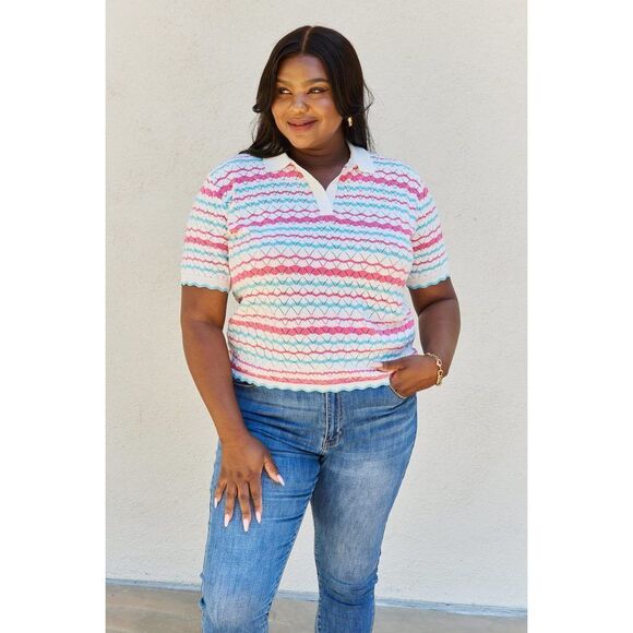 No Brand Tops - Petal Dew 143 Full Size Quarter Button Sheer Top In White Multi